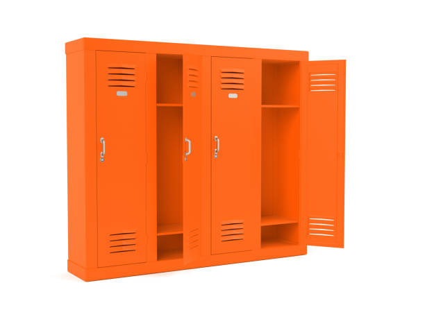 istock Orange lockers with open doors. 3d rendering illustration isolated on white background 1129176946