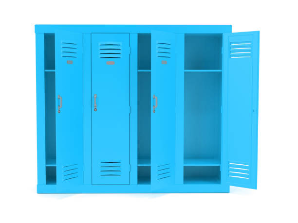 istock Blue lockers with open doors. 3d rendering illustration isolated on white background 1129176951