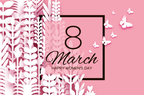istock 8 March. Origami Spring Flowers for Happy Womens day. Mixed White Paper cut outs plants, flowers, butterflies, leaves for window display. Square black frame. Mothers Day. Happy holidays on coral. 1129177758