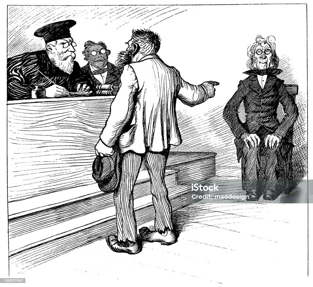 Judicial proceedings - 1896 Caricature stock illustration