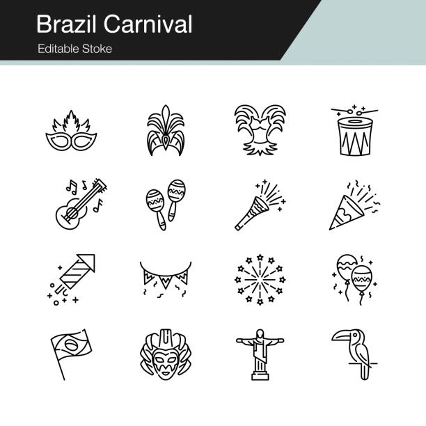 brasilien-karneval-symbole. moderne linienführung. für präsentation, grafik-design, mobile anwendung, web-design, infografik, ui. editierbare schlaganfall. - karneval stock-grafiken, -clipart, -cartoons und -symbole