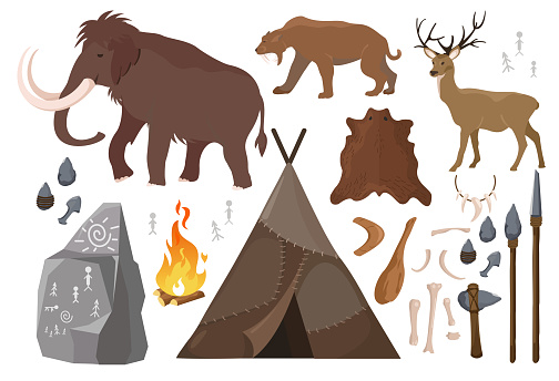 Vector illustration of set of elements of stone age people life. Primitive man lifestyle, anicent animals. Ice age. primitive Collection of weapon. Mammoth, saber-toothed tiger and deer, tent made with animal skins. Evolution concept in flat design