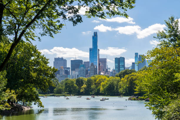 persone irriconoscibili che canottano in un lago durante l'estate a central park, midtown manhattan, new york city, usa. - central park foto e immagini stock