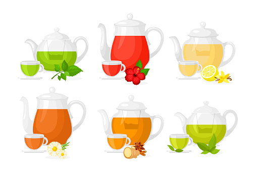 Vector illustration set of different types of tea. Set of pots and cups with different ingredients herbs and lemon, fruits and ginger isolated on white background in flat style
