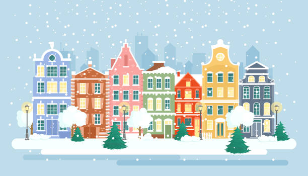 ilustrações de stock, clip art, desenhos animados e ícones de vector illustration of urban winter landscape. snowy street as greeting card background. christmas card concept, happy holidays banner with colorful bright houses in flat cartoon style. - christmas village urban scene winter