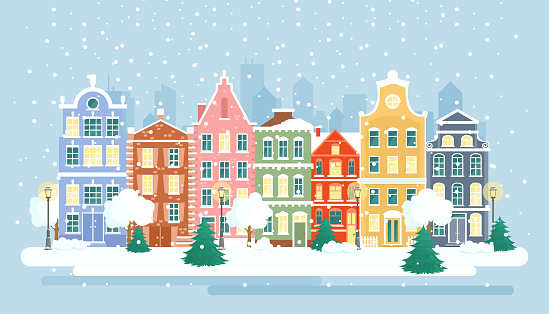 Vector illustration of urban winter landscape. Snowy street as greeting card background. Christmas card concept, Happy Holidays banner with colorful bright houses in flat cartoon style