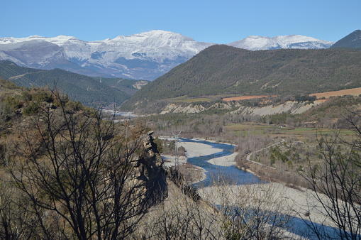Cinca River In Its Pass By Ainsa It is born in the Marbore Glacier in the La Pineta Valley in Monte Perdido and flows into the Ebro. Trips, Landscapes, Nature. December 26, 2014. Ainsa, Huesca, Aragon.