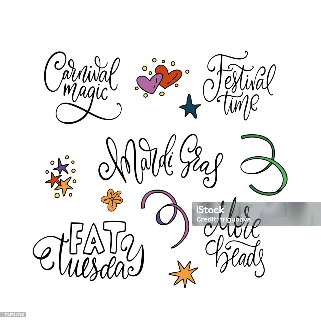 Party vector illustration. Mardi gras party vector illustration. Carnival lettering quotes with masquerade doodle elements. Big greeting set. Cheerful stock vector