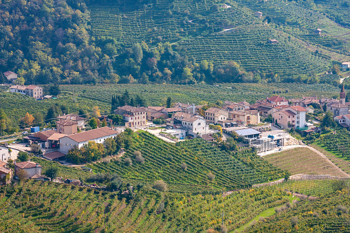 A town surrounded by vineyards in the Prosecco region of Italy