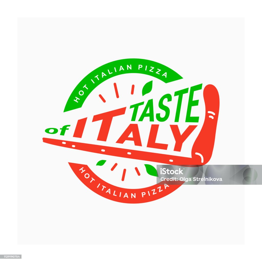Italienische Pizza-Logo. Geschmack von Italien. Symbol für Pizzeria. Kreisförmige Logo mit Stück pizza - Lizenzfrei Logo Vektorgrafik