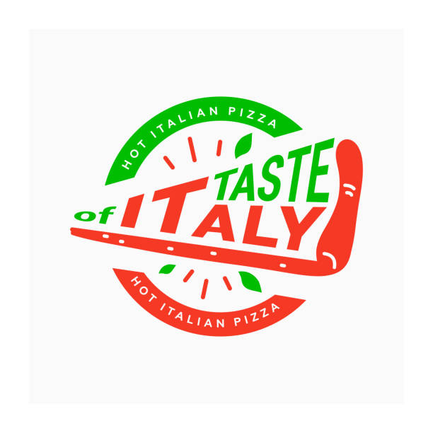 illustrazioni stock, clip art, cartoni animati e icone di tendenza di logo pizza italiano. gusto d'italia. simbolo per pizzeria. logotipo circolare con fetta di pizza - pizzeria cafe restaurant italian culture