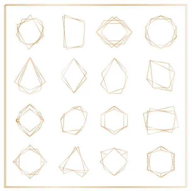 Vector illustration of Vector illustration of gold segments frames set isolated on white background. Geometric polyhedron thin line frames collection for wedding invitation, greeting cards, logo, elements for web banner.