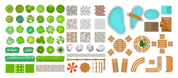 Vector illustration set of park elements for landscape design. Top view of trees, outdoor furniture, plants and architectural elements, fences, sun loungers, umbrellas isolated on white background isolated on white background in flat style.