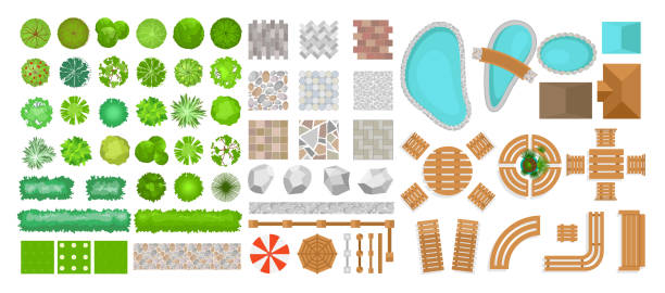 Vector illustration set of park elements for landscape design. Top view of trees, outdoor furniture, plants and architectural elements, fences, sun loungers, umbrellas isolated on white background isolated on white background in flat style. Vector illustration set of park elements for landscape design. Top view of trees, outdoor furniture, plants and architectural elements, fences, sun loungers, umbrellas isolated on white background isolated on white background in flat style cityscape symbols stock illustrations