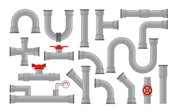 파이프, 물 컬렉션에 대 한 종류의 벡터 그림. 철강 및 플라스틱 커넥터, 흰색 배경에 고립 된 평면 스타일에 빨간 밸브 회색 색깔에 관. - pipe water pipe pipeline steel stock illustrations