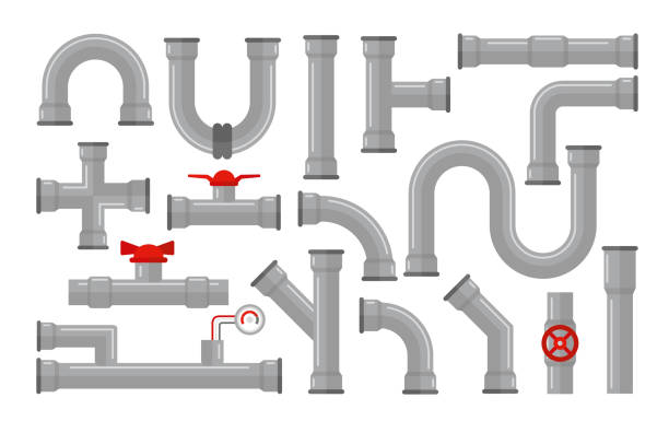 Vector illustration of pipes, types for water collection. Steel and plastic connectors, pipes in grey color with red valves in flat style isolated on white background. Vector illustration of pipes, types for water collection. Steel and plastic connectors, pipes in grey color with red valves in flat style isolated on white background pipe tube stock illustrations
