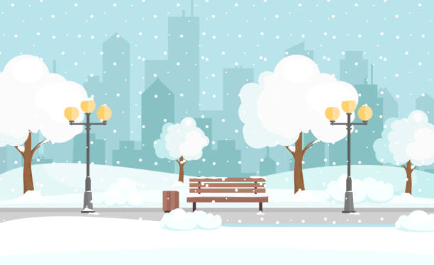 Vector illustration of winter city park with snow and big modern city background. Bench in winter city park, winter holidays concept in flat cartoon style