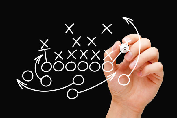 Coach Drawing American Football Game Strategy Coach drawing american football or rugby game plan, strategy and tactics with white marker on transparent wipe board. offense sporting position stock pictures, royalty-free photos & images