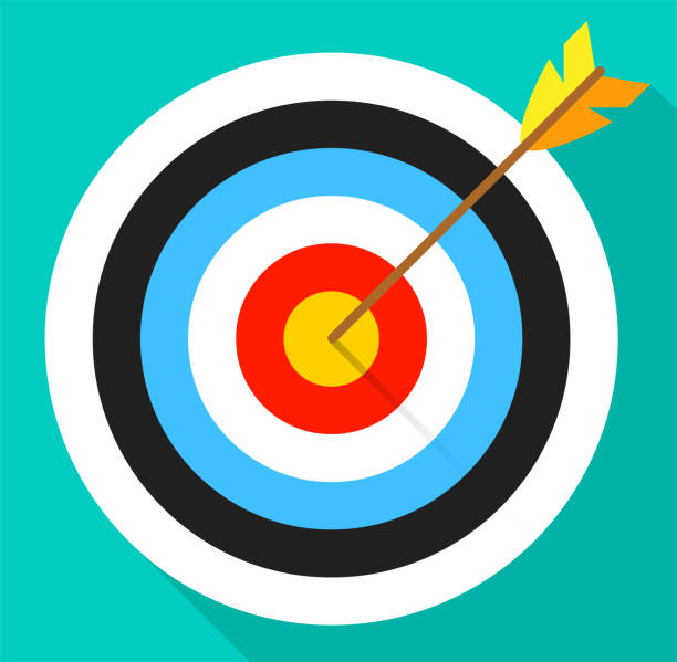 Illustration of a target with an arrow on a white background. In flat style. Illustration of a target with an arrow on a white background. In flat style. arrow bow and arrow illustrations stock illustrations