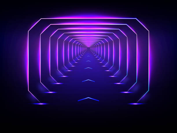 Endless futuristic tunnel glowing neon illumination vector Endless tunnel optical illusion, spaceship corridor, science fiction rocket launching runway or teleport illuminating fluorescent neon light realistic. Abstract futuristic background with light effect tunnel illustrations stock illustrations