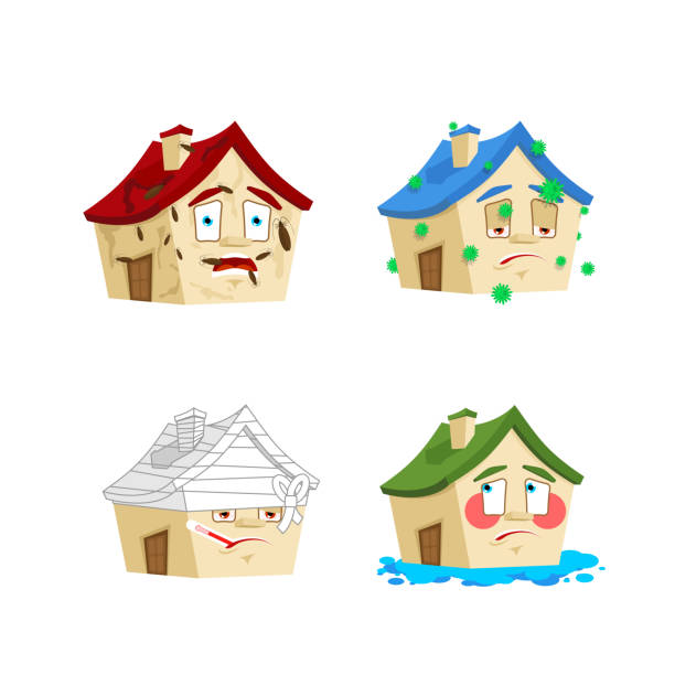 House Cartoon Style set 2. Home Sick and infected. Bandaged and flooded. Building Collection of situations vector art illustration