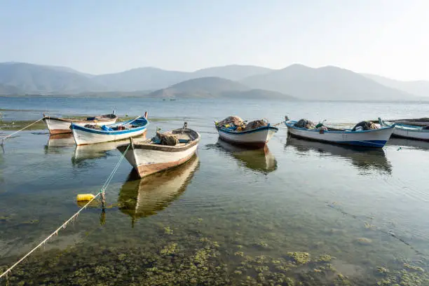 Photo of Fishing boats moored along the shore of Lake Bafa in Turkey.