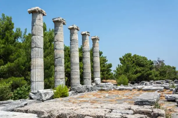 The ruins and the five re-erected columns at Priene ancient city in Turkey.