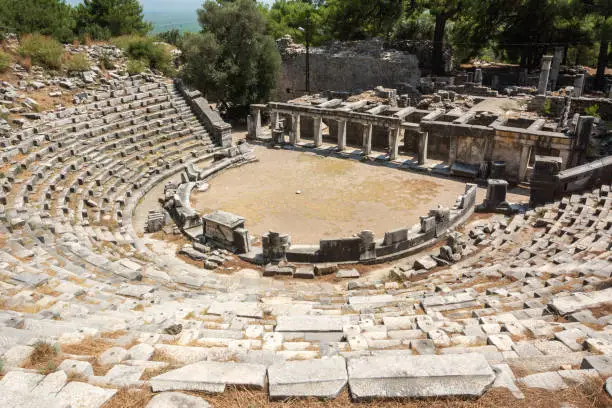 Ruined theatre of Priene ancient city in Turkey.
