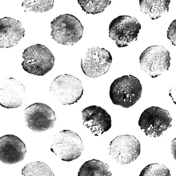 Vector illustration of Big black dots pressed carelessly by hand with a round sponge - isolated illustration on white paper background - art in vector with unique uneven irregular and uncontrolled trails of imprinted thick paint