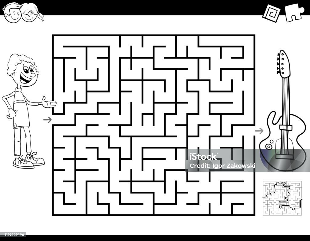 maze color book with boy and guitar Black and White Cartoon Illustration of Education Maze or Labyrinth Activity Game for Children with Boy and Electric Guitar Musical Instrument Coloring Book Coloring Book Page - Illlustration Technique stock vector