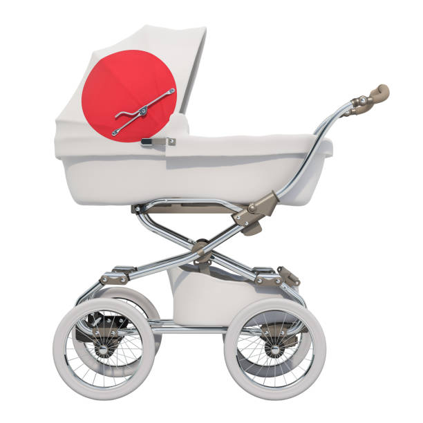 istock Baby stroller with Japanese flag texture, 3D rendering isolated on white background 1129209510