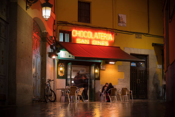 Madrid, Spain - October 26, 2018: The chocolatería San Ginés is a famous café in central Madrid. Image taken from Pasadizo de San Gines.