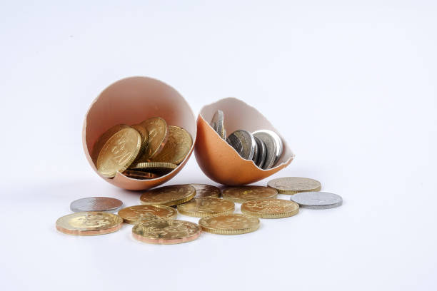istock Close-Up Of Coins And Eggshell On White Background 1129210943
