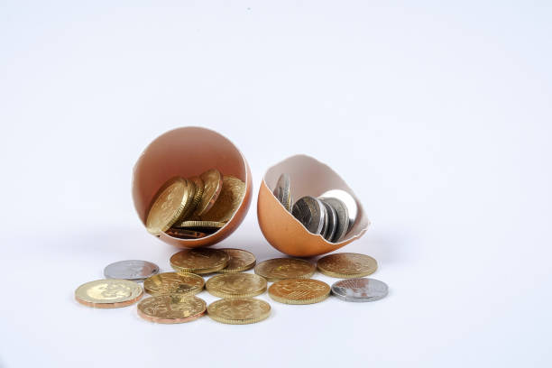 istock Close-Up Of Coins And Eggshell On White Background 1129210947