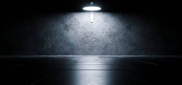 istock Sci Fi Futuristic Bright Dark Empty Studio Podium Showroom Reflective Grunge Concrete Glowing Elegant Room Tunnel Empty Space Background 3D Rendering 1129211245