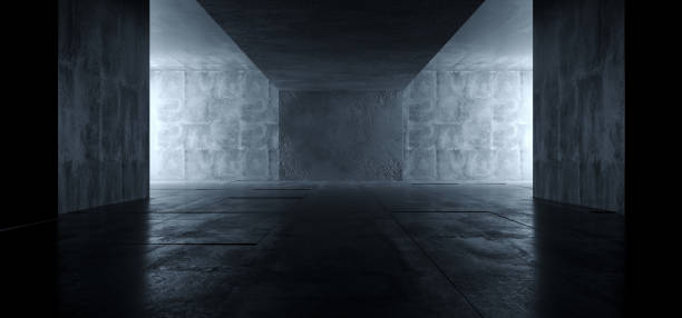 istock Sci Fi Futuristic Bright Dark Empty Studio Podium Showroom Reflective Grunge Concrete Glowing Elegant Room Tunnel Empty Space Background 3D Rendering 1129211352