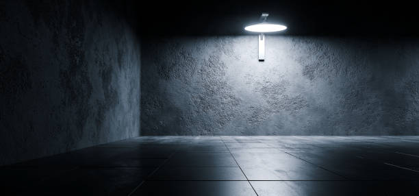 istock Sci Fi Futuristic Bright Dark Empty Studio Podium Showroom Reflective Grunge Concrete Glowing Elegant Room Tunnel Empty Space Background 3D Rendering 1129211514
