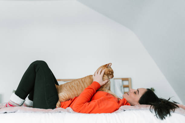 istock Young woman with her cat in bed 1129211879