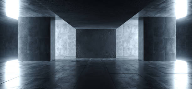 istock Sci Fi Futuristic Bright Dark Empty Studio Podium Showroom Reflective Grunge Concrete Glowing Elegant Room Tunnel Empty Space Background 3D Rendering 1129212843