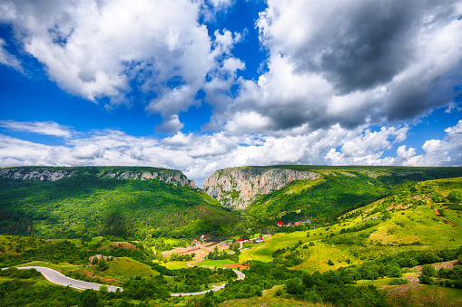 Turda gorge Cheile Turzii is a natural reserve with marked trails for hikes on Hasdate River situated near Turda close to Cluj-Napoca, in Transylvania, Romania, Europe.