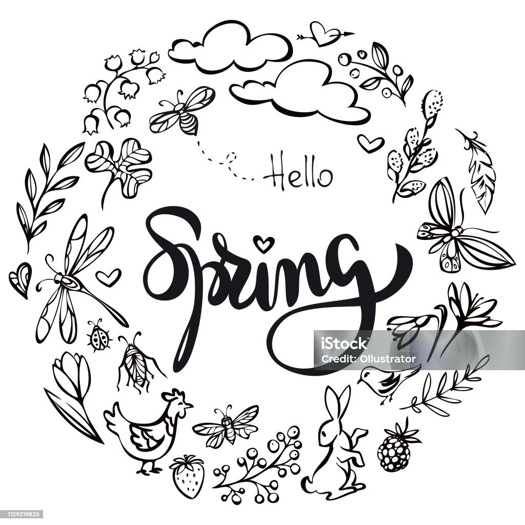 Hello spring wreath illustration Vector hand drawn spring elements black and white Strawberry stock vector