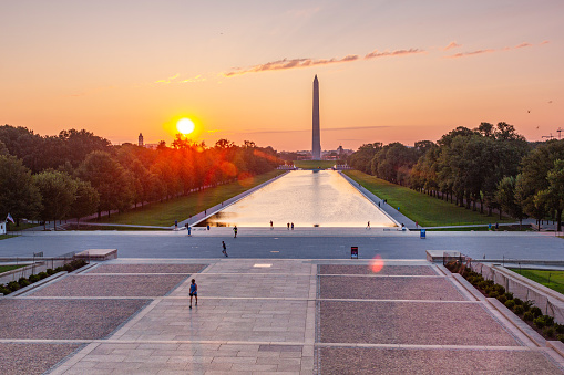Sunrise over Washington Monument with beautiful colors and clear summer sky.