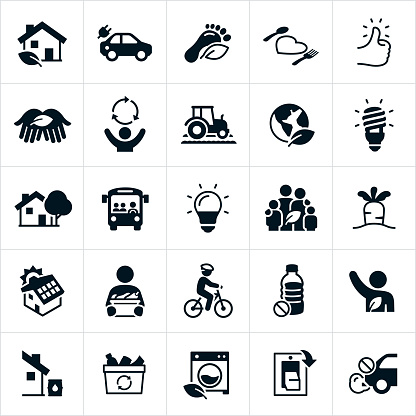 Icons representing sustainable living. The icons include environmental conservation efforts, electric car, carbon footprint, sustainable foods and eating, thumbs up, recycling, farm foods, compact fluorescent light bulb, LED light bulb, green house, house, public transportation, family, solar panels, garden vegetables, a person riding a bicycle, eliminating plastics, an environmentalist, water conservation, energy efficient appliances, turning off light switches and eliminating vehicle exhaust to name just a few.