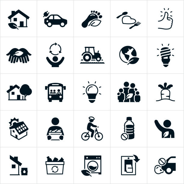 Sustainable Living Icons Icons representing sustainable living. The icons include environmental conservation efforts, electric car, carbon footprint, sustainable foods and eating, thumbs up, recycling, farm foods, compact fluorescent light bulb, LED light bulb, green house, house, public transportation, family, solar panels, garden vegetables, a person riding a bicycle, eliminating plastics, an environmentalist, water conservation, energy efficient appliances, turning off light switches and eliminating vehicle exhaust to name just a few. bike hand signals stock illustrations