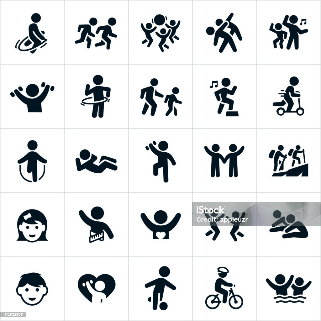 Children's Fitness Icons A set of icons related to children's fitness. The icons include children jump roping, running, stretching, playing with a ball, dancing, lifting weights, using a hula hoop, walking, aerobics, riding a scooter, doing a sit-up, hiking, playing, playing soccer, riding and bike and swimming to name a few. Icon stock vector