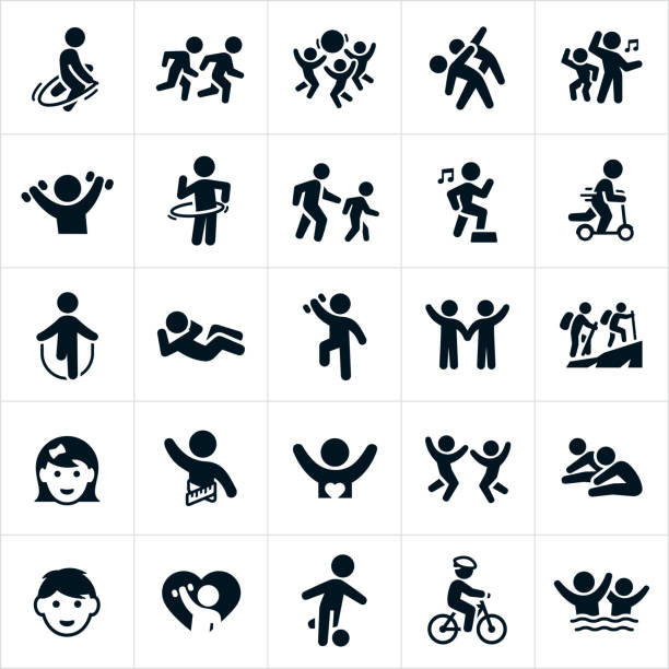 Children's Fitness Icons A set of icons related to children's fitness. The icons include children jump roping, running, stretching, playing with a ball, dancing, lifting weights, using a hula hoop, walking, aerobics, riding a scooter, doing a sit-up, hiking, playing, playing soccer, riding and bike and swimming to name a few. youth culture stock illustrations