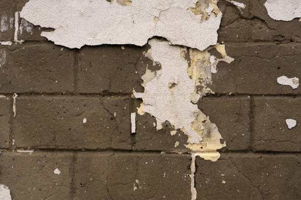 istock Background of old vintage dirty brick wall with peeling plaster, texture.Brick white, brown. Peeled paint on a brick wall. 1129225263
