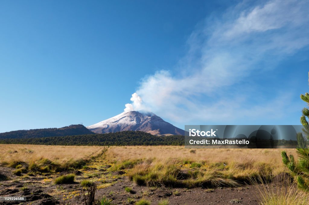 Landscape of volcano Popocatepetl Izta-Popo Zoquiapan National Park and view of volcano Popocatepetl,  Amecameca, Mexico, in September 30, 2018 Popocatepetl Volcano Stock Photo