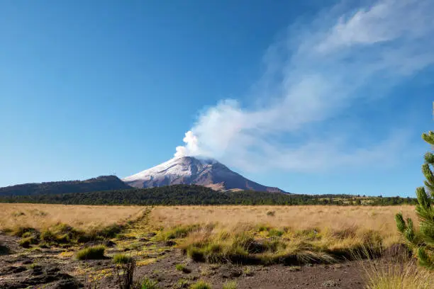 Izta-Popo Zoquiapan National Park and view of volcano Popocatepetl,  Amecameca, Mexico, in September 30, 2018