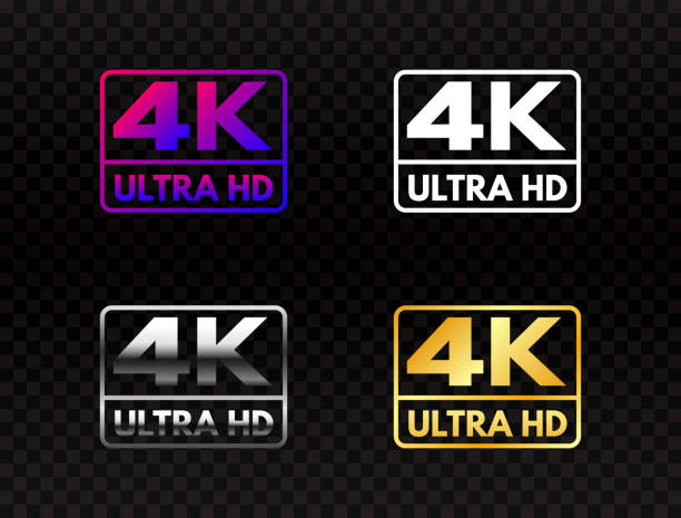 illustrazioni stock, clip art, cartoni animati e icone di tendenza di set 4k ultra hd su sfondo trasparente. raccolta di icone ad alta definizione. simbolo uhd in oro e argento. segno di colore con risoluzione 4k. etichetta video full hd su sfondo scuro. illustrazione vettoriale - risoluzione 4k